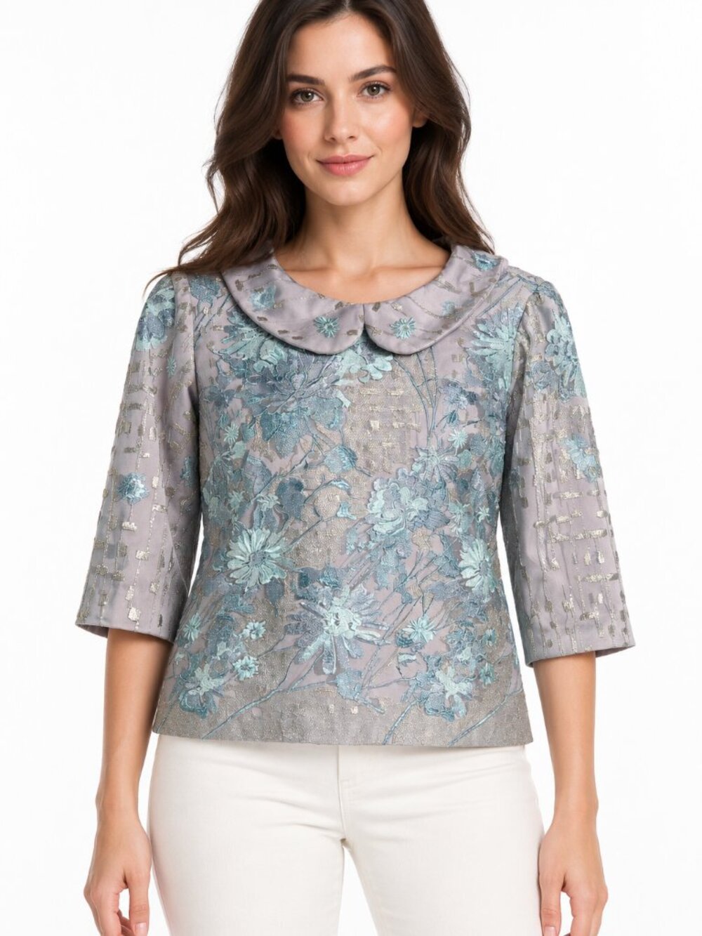 Vintage Floral Brocade Jacquard Metallic Peter Pan Collar Blouse Top Lavender Aq